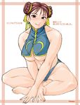  bare_shoulders barefoot breasts brown_eyes brown_hair champ+ chun-li cleavage double_bun earrings feet hair_ribbon jewelry large_breasts ribbon short_hair sitting smile solo street_fighter swimsuit translated underboob 
