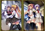  absurdres bicycle_helmet blonde_hair blue_hair helmet highres kannatsuki_noboru multiple_girls necktie open_mouth purple_eyes scan school_uniform shinkyoku_soukai_polyphonica thighhighs yugiri_perserte yugiri_princesca zipper 