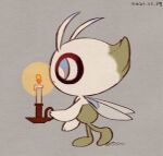  blue_eyes bright_pupils candle celebi closed_mouth commentary_request dated fire flame from_side full_body holding leels no_humans pokemon pokemon_(creature) solo standing white_pupils 