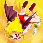  bat_wings blonde_hair blush brown_panties demon_girl dress flying happy haruyama_kazunori ki_fighter_taerang lowres panties pantyshot red_eyes shoes short_dress short_hair smile solo tible underwear wand wings zoom_layer 