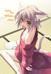  animal_ears bare_shoulders barefoot breasts cat_ears cleavage downblouse fan fang from_side hot japanese_clothes kimono medium_breasts ninozen off_shoulder original paper_fan silver_hair sitting solo sweat tail tatami uchiwa wariza yellow_eyes 