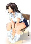  blush brown_eyes brown_hair candy food gyaru kogal legs lollipop long_hair loose_socks mouth_hold original school_uniform shinozuka_jouji sitting socks solo 