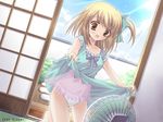  blonde_hair copyright_request dress dress_lift electric_fan fanning_crotch fanning_self highres lingerie moribe_(rabumanyo) panties ponytail ribbon short_hair solo source_request underwear white_panties 