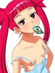  breasts card card_in_mouth ito_hajime mouth_hold naughty_face nipples original red_eyes red_hair small_breasts solo twintails 