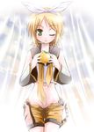  :p bad_id bad_pixiv_id food fruit groin holding holding_food holding_fruit kagamine_rin midriff one_eye_closed open_fly orange shiroi_noria shorts solo tongue tongue_out unzipped vocaloid 