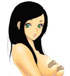  bandaid bandaids_on_nipples black_hair breasts colored_eyelashes copyright_request from_side green_eyes large_breasts lips long_hair makeup otama parted_lips pasties solo upper_body 