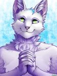  2019 5_fingers anthro biped bust_portrait clasped_hands claws conditional_dnp digital_media_(artwork) domestic_cat felid feline felis fluffy fur green_eyes inner_ear_fluff male mammal pink_nose portrait ratte smile solo whiskers white_ears white_fur 