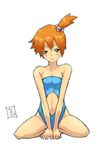  alternate_costume bare_shoulders between_thighs blush breasts casual_one-piece_swimsuit cho_bi cleavage frown green_eyes gym_leader hair_bobbles hair_ornament kasumi_(pokemon) medium_breasts midriff navel one-piece_swimsuit orange_hair pokemon short_hair side_ponytail simple_background solo spread_legs squatting swimsuit v_arms waist_cutout white_background 
