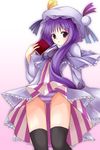  :o bad_id bad_pixiv_id black_legwear book capelet hat long_hair looking_at_viewer nail_polish panties pantyshot patchouli_knowledge purple_eyes purple_hair ribbon robe solo striped striped_panties thighhighs touhou underwear utakata_(kochou_no_yume) 