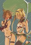  animal_ears bad_id bad_pixiv_id black_legwear blonde_hair branch_(blackrabbits) breasts brown_hair cameltoe cat_ears cat_tail closed_eyes final_fantasy final_fantasy_xi hairband happy leaf leaf_umbrella midriff mithra multiple_girls navel nipples open_mouth rain see-through short_hair small_breasts smile tail thigh_strap thighhighs wet 