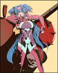  blue_hair bodysuit green_eyes headband inugami_mokekiyo klan_klein long_hair macross macross_frontier mecha meltrandi multicolored multicolored_bodysuit multicolored_clothes pink_bodysuit pointy_ears power_armor power_suit purple_bodysuit queadluun-rea twintails very_long_hair zentradi 