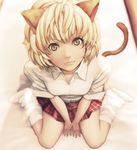  animal_ears blonde_hair brown_eyes cat_ears cat_tail copyright_request from_above honyata kneeling looking_up loose_socks short_hair skirt slit_pupils socks solo tail 