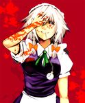  analog_clock blood braid clock izayoi_sakuya maid mouth_hold nirai_kanai pocket_watch ribbon roman_numerals short_hair solo touhou twin_braids watch 