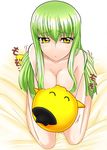  asami_(artist) bangs bed_sheet blush breasts c.c. cheese-kun cleavage code_geass collarbone covered_nipples green_hair kneeling large_breasts long_hair looking_at_viewer nude pillow pillow_hug pizza_hut sidelocks smiley_face solo very_long_hair yellow_eyes 