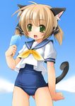  animal_ears blonde_hair blush cat_ears cat_tail food green_eyes no_pants one-piece_swimsuit original popsicle school_swimsuit school_uniform shibacha solo swimsuit swimsuit_under_clothes tail twintails 