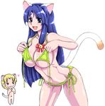  1girl animal_ears barbell_piercing bikini blue_eyes blue_hair blush breasts copyright_request fang huge_breasts long_hair nanashi_mushi navel_piercing piercing side-tie_bikini swimsuit tail untied untied_bikini 