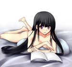  bad_id bad_pixiv_id banned_artist barefoot bed black_hair book breasts houraisan_kaguya long_hair lying medium_breasts nude on_stomach purple_eyes solo suisen touhou 