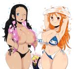  1boy 2girls areolae armpits ass bare_arms bikini black_hair blue_eyes blush breasts brown_eyes cleavage closed_mouth collarbone curvy highres hips huge_ass huge_breasts jinu large_breasts long_hair looking_at_viewer multiple_girls nami_(one_piece) navel nico_robin one_eye_closed one_piece open_clothes open_mouth open_shirt orange_hair sanji side-tie_bikini simple_background smile stomach swimsuit teeth thick_thighs thighs tongue undressing upper_teeth wet wet_clothes white_background wide_hips wink 