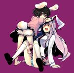  :3 animal_ears bad_id bad_pixiv_id barefoot black_hair bloomers bunny_ears error feet inaba_tewi long_hair multiple_girls panties pink_hair red_eyes reisen_udongein_inaba short_hair socks striped striped_panties surprised touhou underwear white_bloomers yukizen 