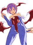  animal_print artist_request bat_print blue_legwear demon_wings head_wings leotard lilith_aensland pantyhose print_legwear purple_hair red_leotard short_hair solo vampire_(game) wings 