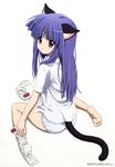  absurdres animal_ears barefoot blouse blue_hair bobby_socks cat_ears cat_tail feet full_body furude_rika highres higurashi_no_naku_koro_ni lace lace-trimmed_panties looking_back no_pants panties parted_lips purple_eyes sakai_kyuuta short_sleeves simple_background single_sock sitting socks socks_removed soles solo tail underwear wariza white_background white_legwear white_panties 