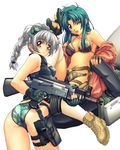  aks-74u ass assault_rifle back bikini blush bow braid brown_eyes camouflage camouflage_bikini camouflage_ribbon chidori_kaname full_metal_panic! gloves green_hair gun hair_bow hair_ribbon handgun highres holster long_hair multiple_girls nagayori one_eye_closed pistol ribbon rifle silver_hair snap-fit_buckle swimsuit teletha_testarossa thigh_holster thighhighs weapon white_legwear 