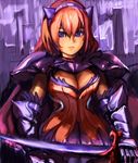  armor bow_(bhp) breasts cleavage horns large_breasts long_hair original pink_hair purple_eyes shoulder_pads solo sword weapon 