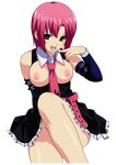  :p absurdres bad_id bad_pixiv_id between_breasts blush breasts detached_sleeves green_eyes haruka4x highres large_breasts necktie nipples no_panties open_mouth pink_hair rio_rollins saliva short_hair skirt solo super_blackjack tongue tongue_out transparent_background vector_trace 