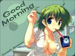  amazuyu_tatsuki blue_eyes breasts cleavage copyright_request cup green_hair large_breasts shirt short_hair solo toothbrush 
