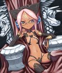  bad_id bad_pixiv_id blue_eyes breasts copyright_request covered_nipples dark_skin elbow_gloves glasses gloves medium_breasts midriff panties pink_hair sessue smile solo thighhighs throne underwear 