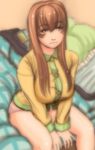  bad_id bad_pixiv_id bed breasts brown_eyes brown_hair huge_breasts kamisuki long_hair original pajamas sitting sleepy solo 