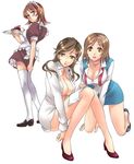  book breasts brown_hair cleavage copyright_request dress_shirt fujisaka_kuuki high_heels kneeling large_breasts legs long_hair maid multiple_girls office_lady open_clothes open_shirt pencil_skirt shirt shoes short_hair skirt thighhighs 