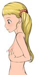  baanin blonde_hair flat_chest kasugano_urara_(yes!_precure_5) long_hair nipples nude orange_eyes precure profile scrunchie self_fondle simple_background solo twintails yes!_precure_5 