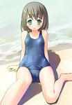  bad_id bad_pixiv_id beach blush brown_hair cameltoe copyright_request day green_eyes kawa_(river) one-piece_swimsuit school_swimsuit short_hair solo swimsuit wet 