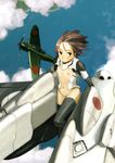  aircraft airplane brown_hair cloud day flat_chest green_eyes highres houru mecha_musume nipples original short_hair sky solo thighhighs wind 