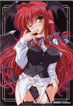  bat_wings black_legwear black_panties blush breasts cover covered_nipples demon_girl doujinshi garter_belt head_wings highres impossible_clothes impossible_shirt koakuma lace lace-trimmed_thighhighs lace_panties large_breasts long_hair non-web_source one_eye_closed panties pointy_ears red_hair see-through shirt solo thigh_gap thighhighs touhou underwear very_long_hair wings yamu_(reverse_noise) yellow_eyes 