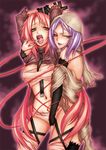  bdsm bondage bound char copyright_request face forced hood long_hair multiple_girls panties pink_hair purple_hair thighhighs torn_clothes underwear yuri 