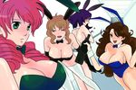  3girls animal_ears artist_request bare_legs blue_hair blush breasts brown_hair bunny_ears bunnysuit christina_sierra cleavage drill_hair feldt_grace glasses green_eyes gundam gundam_00 hanging_breasts large_breasts leaning_forward legs long_hair multiple_girls pink_hair short_hair sumeragi_lee_noriega tail thighs tieria_erde 