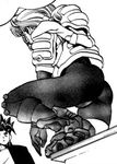  1girl 90s aoi_karin armor ass braid comic dna^2 gloves greyscale jacket jumpsuit katsura_masakazu knee_pads legs lowres momonari_junta monochrome oldschool panties shoes shoulder_pads side_braid skin_tight spandex squatting thong underwear 