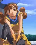  alena_(dq4) brown_eyes brown_hair cape dragon_quest dragon_quest_iv hat lowres matsudo_aya pantyhose skirt solo yellow_skirt 