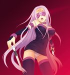  black_legwear blindfold char choker dress dual_wielding elbow_gloves face fate/stay_night fate_(series) gloves holding long_hair open_mouth panties pantyshot pink_hair rider simple_background solo strapless strapless_dress thighhighs tube_dress underwear very_long_hair weapon white_panties 