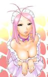  ahoge black_eyes breasts cleavage downblouse dress large_breasts long_hair obake_no_q-tarou pink_hair solo ueyama_michirou 