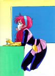  80s belt belt_pouch bent_over blue_eyes bodysuit chin_rest cosmos_pink_shock fingernails gloves hairband hayami_mitsuko hirano_toshihiro lipstick long_fingernails long_hair looking_back makeup oldschool pink_hair pouch profile skirt solo standing 