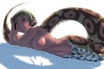  artist_request breasts brown_eyes copyright_request fangs green_hair lamia large_breasts lying monster_girl nude pointy_ears red_skin scales short_hair solo 