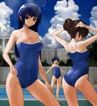  adjusting_clothes adjusting_swimsuit apartment ass back bad_id bad_pixiv_id blue_hair blue_swimsuit breasts brown_hair cleavage cloud competition_school_swimsuit copyright_request day hair_bun lane_line large_breasts long_hair medium_breasts mta multiple_girls one-piece_swimsuit outdoors outstretched_arms pool poolside school_swimsuit shiny shiny_skin spread_arms swimsuit 