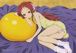  ball bed_sheet blush dress exercise_ball flat_chest frills hair_ribbon highres long_hair lying megami morioka_hideyuki non-web_source official_art on_floor on_side onda_aka panties pantyshot pantyshot_(lying) ponytail rec red_eyes red_hair ribbon scan short_dress skirt sleepy smile socks solo underwear white_panties yellow_skirt 