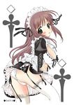  :o apron artist_name ass bangs black_dress black_eyes blush breasts brown_hair cleavage cross cross-laced_clothes cross_necklace dress frilled_apron frills from_side garter_belt highres holding_arm jewelry juliet_sleeves lace lace-trimmed_thighhighs large_breasts long_hair long_sleeves looking_at_viewer maid maid_headdress necklace open_mouth original panties petticoat puffy_sleeves ribbon-trimmed_clothes ribbon_trim saiya short_dress simple_background solo thighhighs underwear upskirt white_apron white_background white_legwear white_panties 