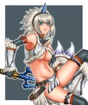  belt blue_eyes breasts elbow_gloves gloves hairband horn kirin_(armor) medium_breasts midriff monster_hunter rokuichi short_hair silver_hair solo thighhighs underboob weapon 