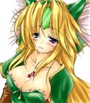  blonde_hair blue_eyes blush breasts cleavage food fruit helmet large_breasts long_hair non-web_source riesz seiken_densetsu seiken_densetsu_3 solo strawberry tears winged_helmet 