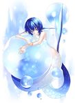  blue blue_eyes blue_hair bubble closed_mouth expressionless head_fins kousaki_rui long_tail looking_at_viewer mermaid monster_girl nude on_bubble original resting see-through short_hair solo tail 